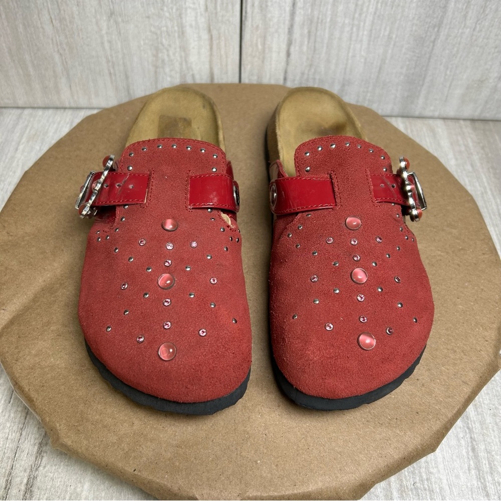 Birkenstock Red Suede Flats with Studded Design